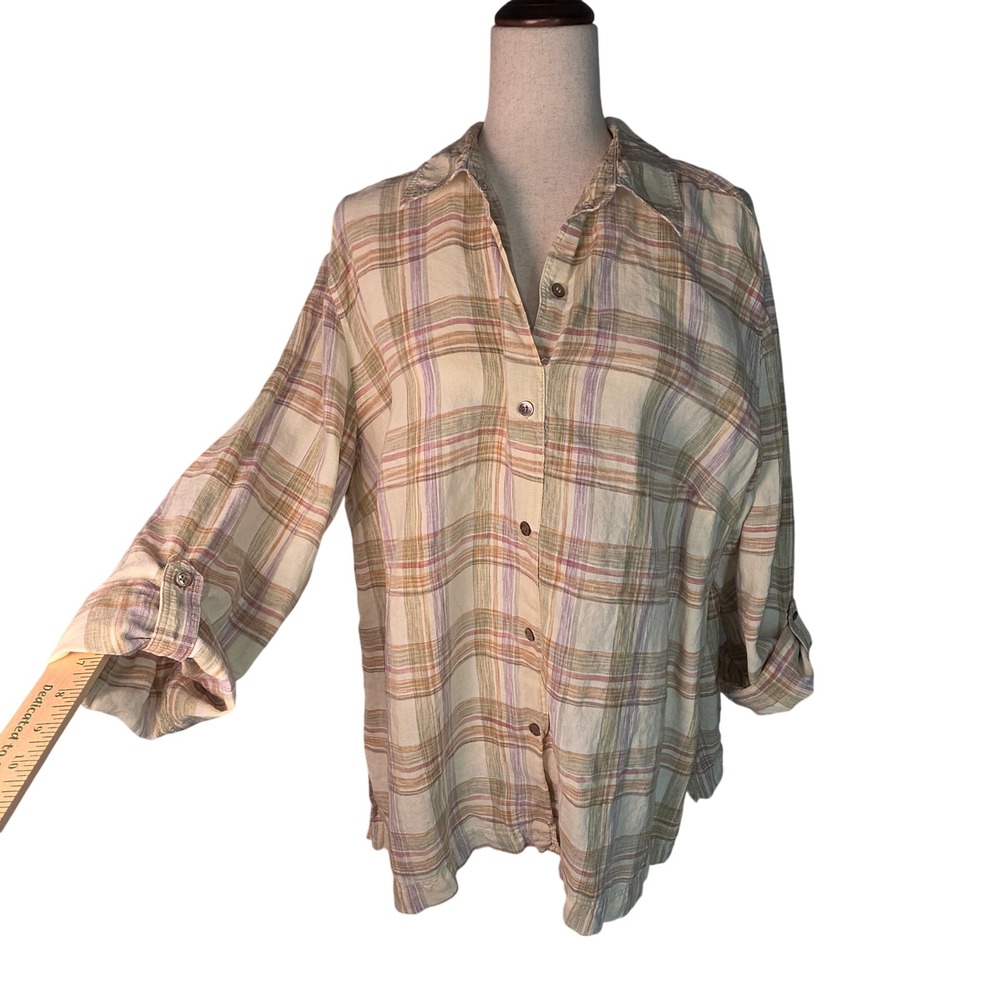 Kate Hill Woman 100% Linen Plaid Button Up Shirt Pastel 2X Long Roll Tab Sleeve